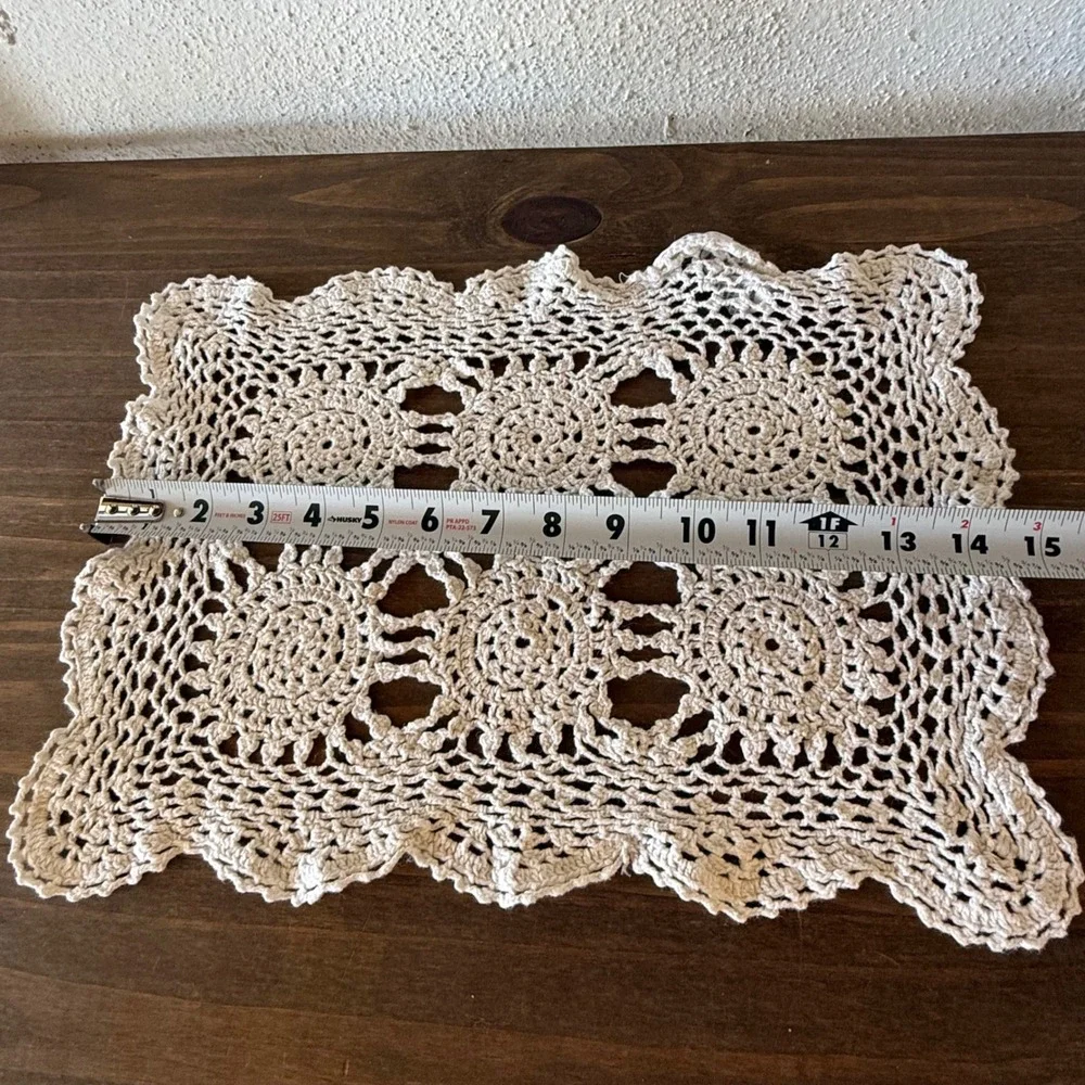 Set of 2 Vintage Crochet Placemats Ecru Ramie Cotton Lace Scalloped 15x11
